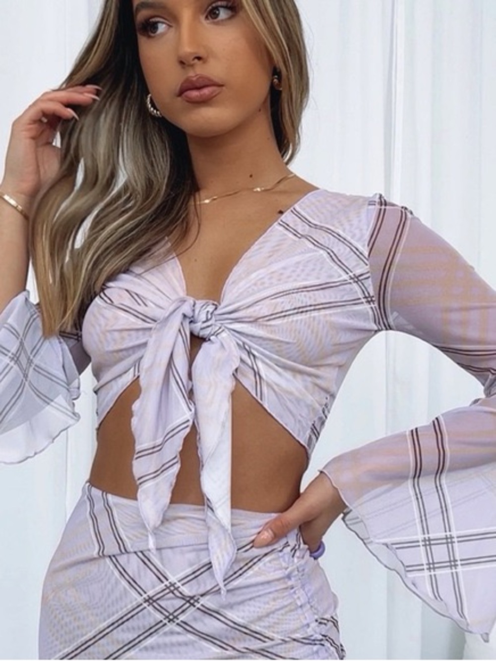 White Fox Mesh Plaid Tie Front Crop Top | Long Sleeve